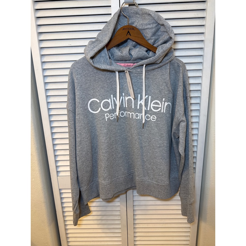 Calvin Klein Performance Gray Logo Hoodie Sweatshirt Thumbhole Cuffs XL NEW